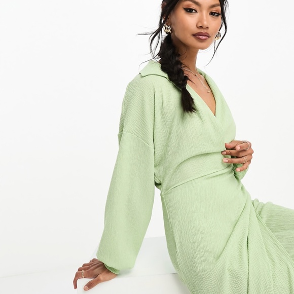 ASOS DESIGN textured collared wrap midi dress in mint/sage US Size 6 - Picture 3 of 8
